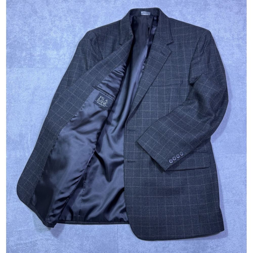 Jos A Bank Blazer Mens 44R Dark Gray Windowpane Plaid 100% Wool Sport Coat